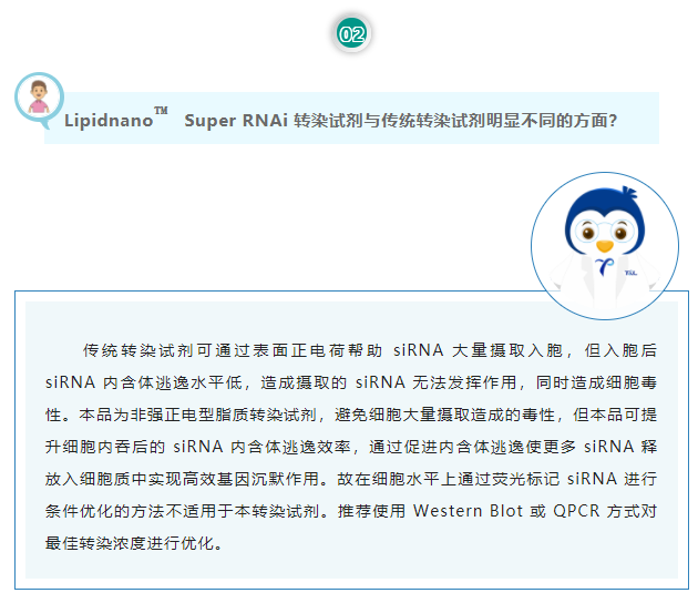 Lipidnano™Super RNAi转染试剂与传统转染试剂明显不同的方面？传统转染试剂可通过表面正电荷帮助 siRNA 大量摄取入胞，但入胞后 siRNA 内含体逃逸水平低，造成摄取的 siRNA 无法发挥作用，同时造成细胞毒性。本品为非强正电型脂质转染试剂，避免细胞大量摄取造成的毒性，但本品可提升细胞内吞后的 siRNA 内含体逃逸效率，通过促进内含体逃逸使更多 siRNA 释放入细胞质中实现高效基因沉默作用。故在细胞水平上通过荧光标记 siRNA 进行条件优化的方法不适用于本转染试剂。推荐使用 Western Blot 或 QPCR 方式对最佳转染浓度进行优化。